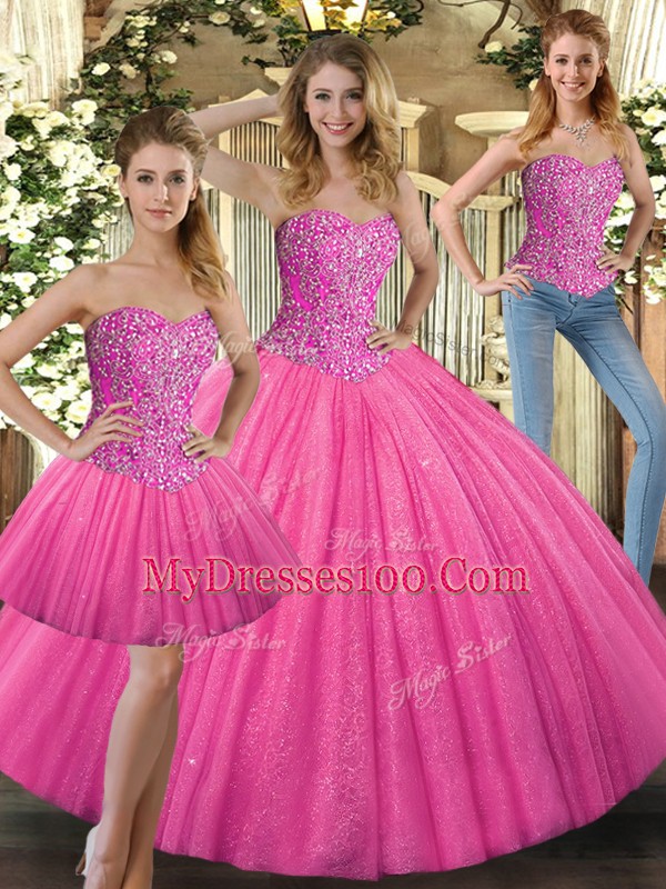Custom Designed Hot Pink Quinceanera Gown Military Ball and Sweet 16 and Quinceanera with Beading Sweetheart Sleeveless Lace Up