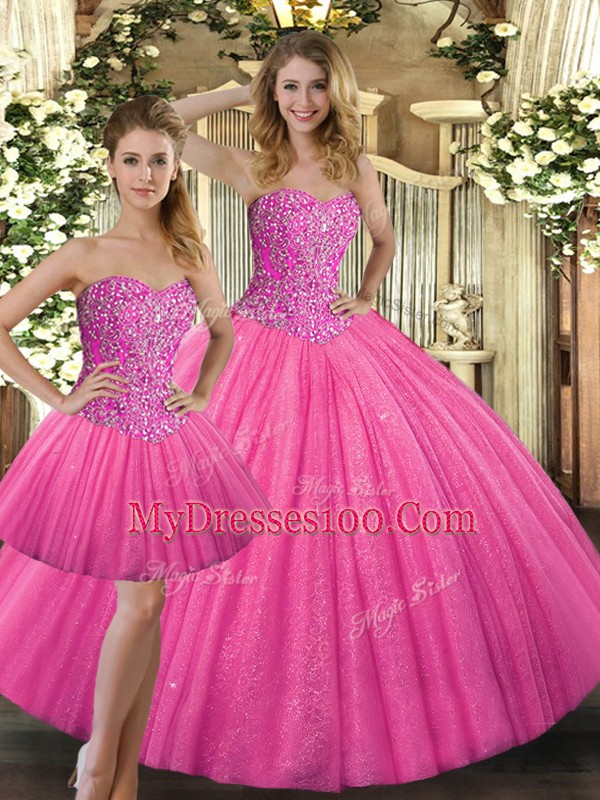 Custom Designed Hot Pink Quinceanera Gown Military Ball and Sweet 16 and Quinceanera with Beading Sweetheart Sleeveless Lace Up