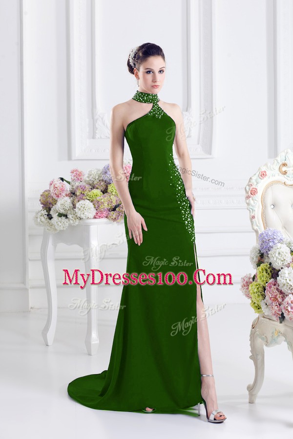 Glittering Beading Green Lace Up Sleeveless Sweep Train