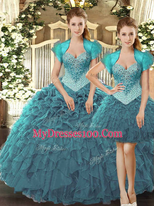 Popular Straps Sleeveless Tulle Quinceanera Gowns Beading and Ruffles Lace Up