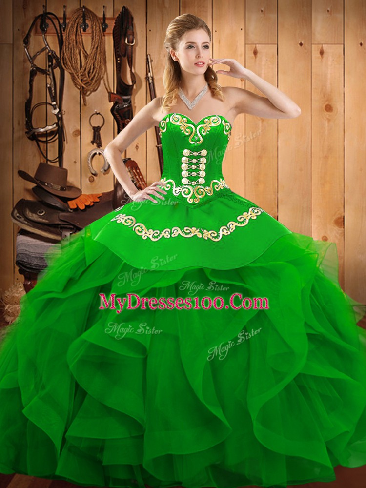 Unique Green Ball Gowns Embroidery and Ruffles Quinceanera Gown Lace Up Organza Sleeveless Floor Length