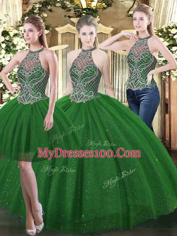 Chic Floor Length Dark Green Vestidos de Quinceanera Tulle Sleeveless Beading