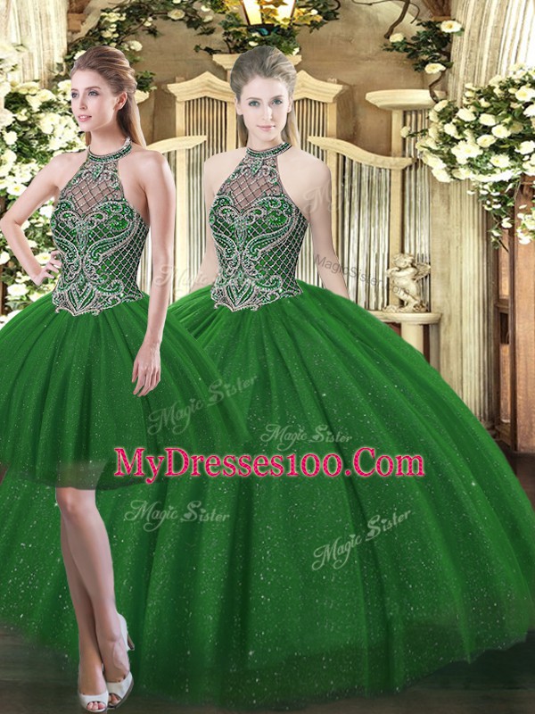 Chic Floor Length Dark Green Vestidos de Quinceanera Tulle Sleeveless Beading