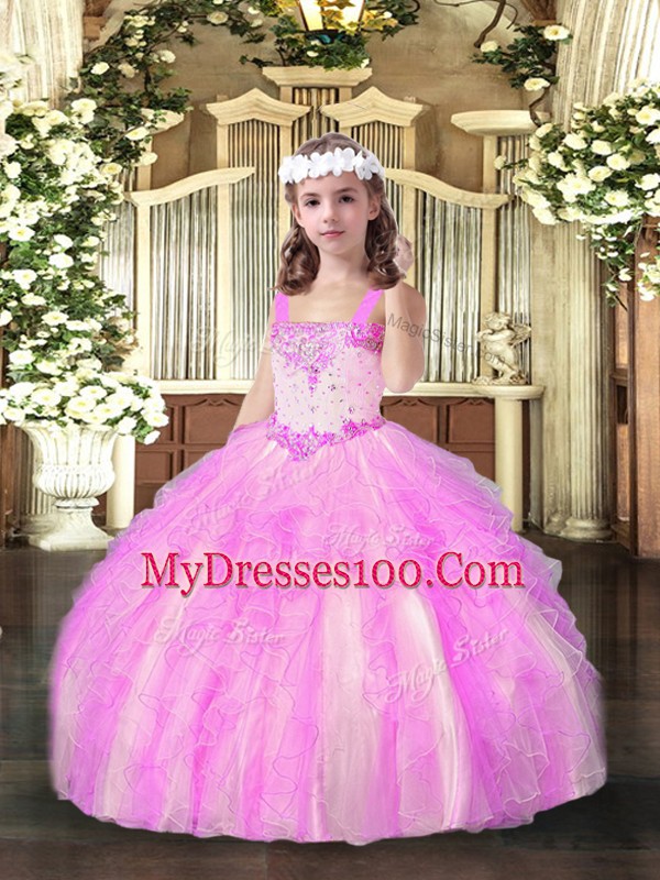 Dramatic Lilac Ball Gowns Organza Straps Sleeveless Beading and Ruffles Floor Length Lace Up Little Girls Pageant Dress Wholesale