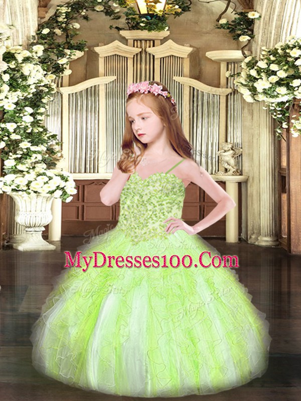 Spaghetti Straps Sleeveless Little Girl Pageant Dress Floor Length Appliques and Ruffles Yellow Green Organza