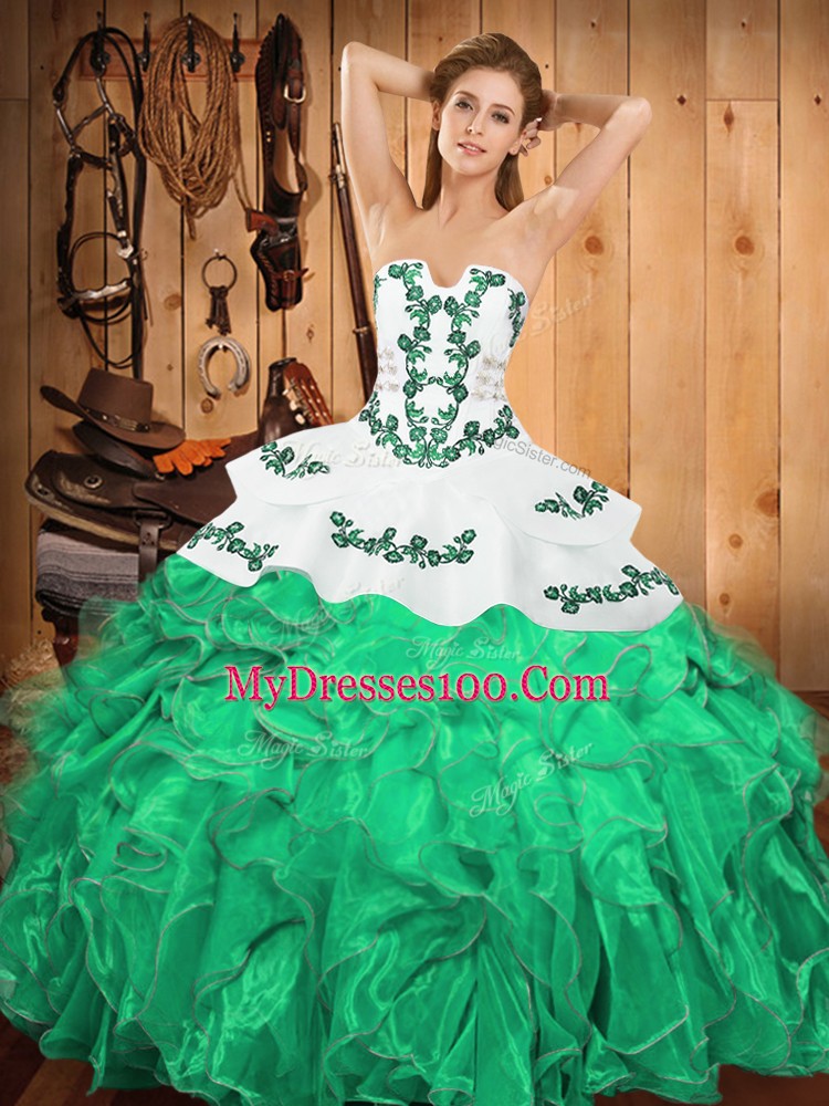 Eye-catching Ball Gowns Ball Gown Prom Dress Turquoise Strapless Satin and Organza Sleeveless Floor Length Lace Up