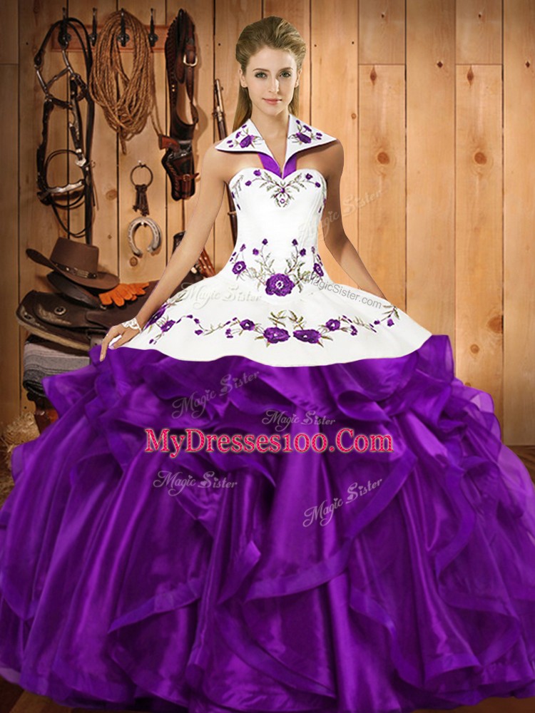Sleeveless Embroidery and Ruffles Lace Up Quinceanera Gowns
