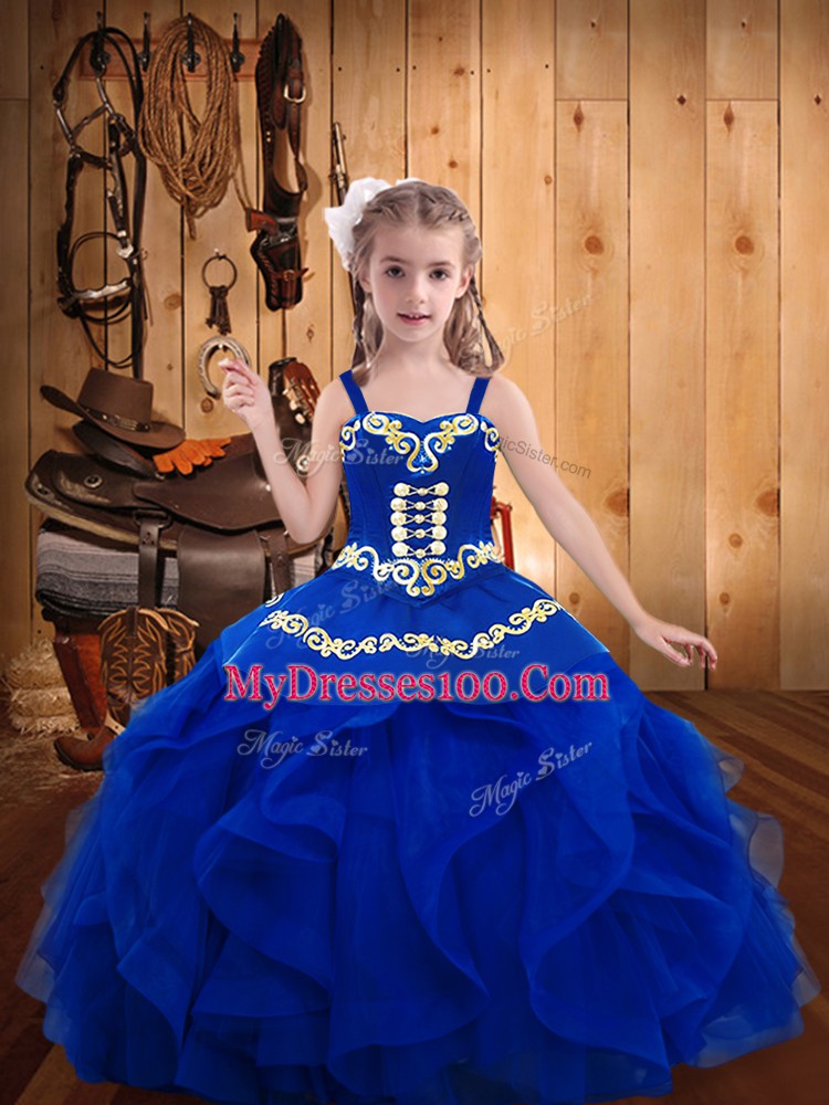 Beauteous Floor Length Royal Blue Kids Formal Wear Organza Sleeveless Embroidery