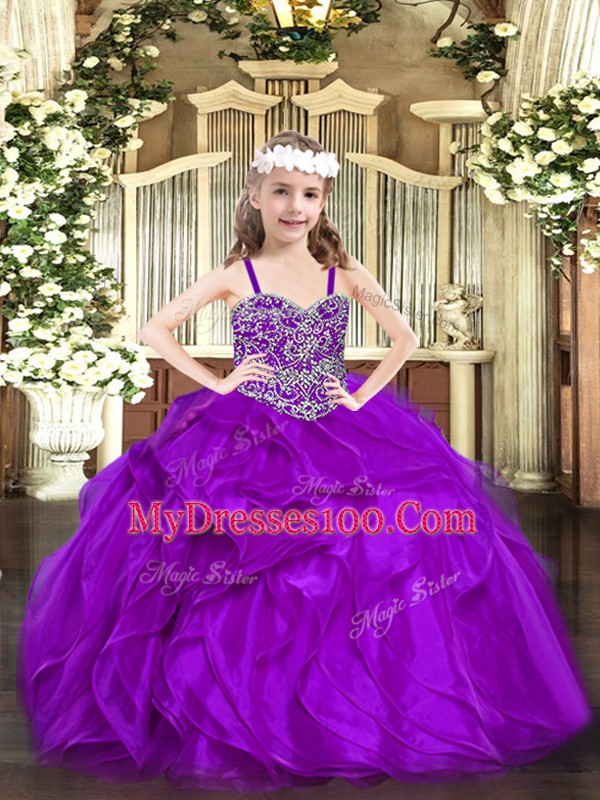 Sweet Straps Sleeveless Kids Formal Wear Floor Length Beading and Ruffles Purple Organza