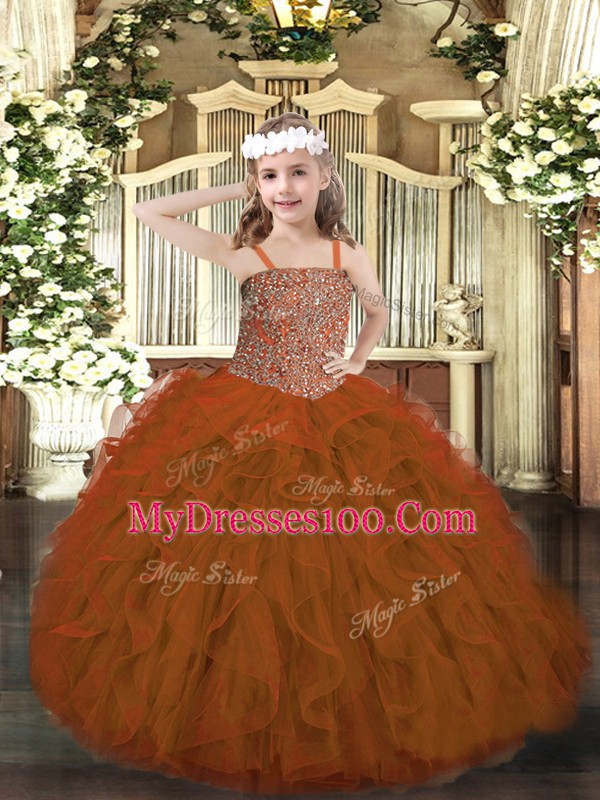 Tulle Sleeveless Floor Length Girls Pageant Dresses and Beading and Ruffles