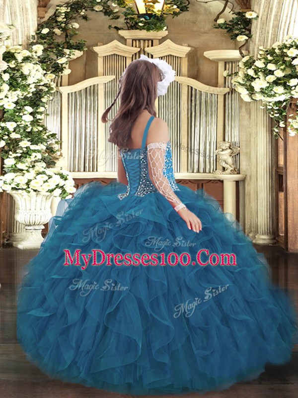Tulle Sleeveless Floor Length Girls Pageant Dresses and Beading and Ruffles