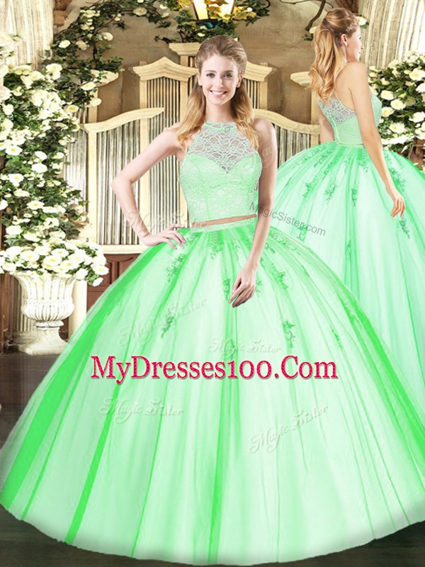 Glittering Sleeveless Floor Length Lace and Appliques Zipper Sweet 16 Dresses with