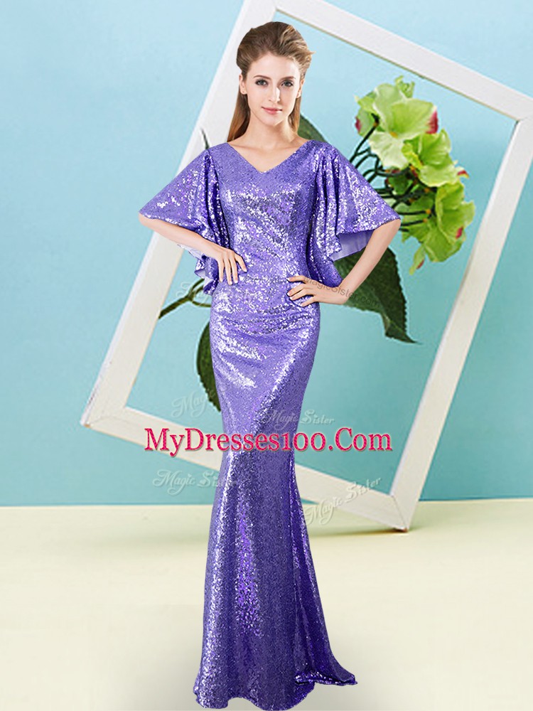 Sequined V-neck Half Sleeves Zipper Sequins Prom Gown in Lavender