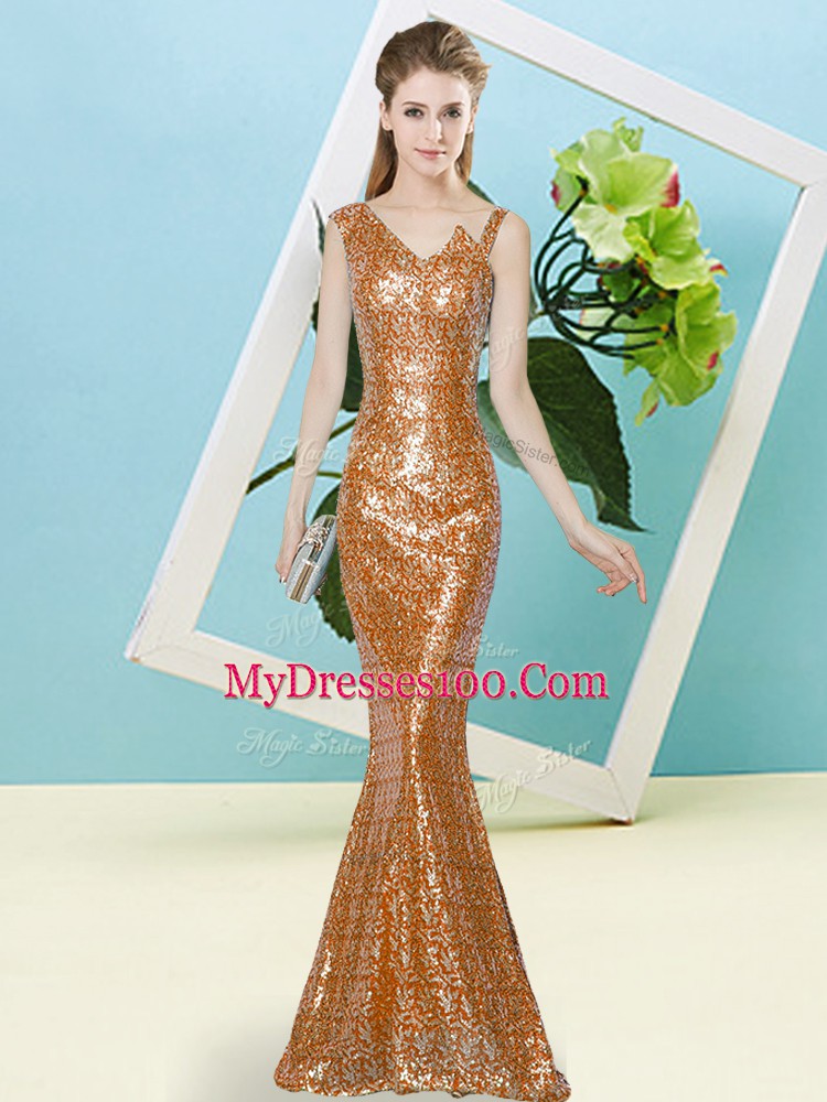 Admirable Rust Red Sequined Zipper Prom Evening Gown Sleeveless Floor Length Sequins