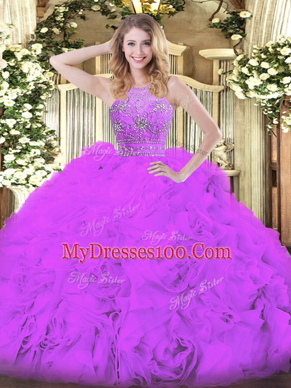 Fashion Ball Gowns Quinceanera Dresses Eggplant Purple Halter Top Tulle Sleeveless Floor Length Zipper