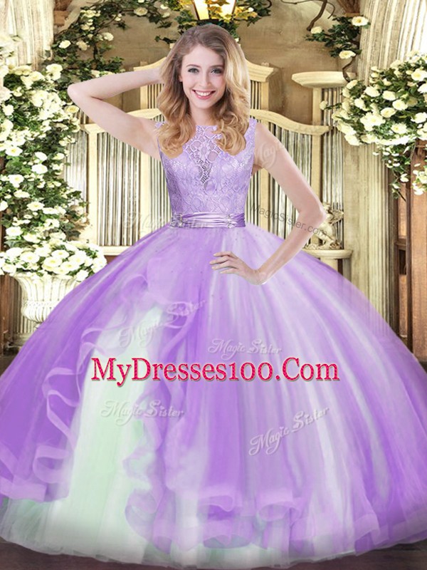 Fabulous Lavender Scoop Backless Lace and Ruffles 15 Quinceanera Dress Sleeveless