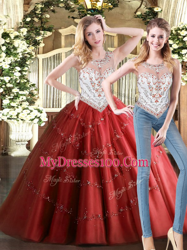 Beauteous Wine Red Two Pieces Tulle Scoop Sleeveless Beading Floor Length Zipper Quince Ball Gowns