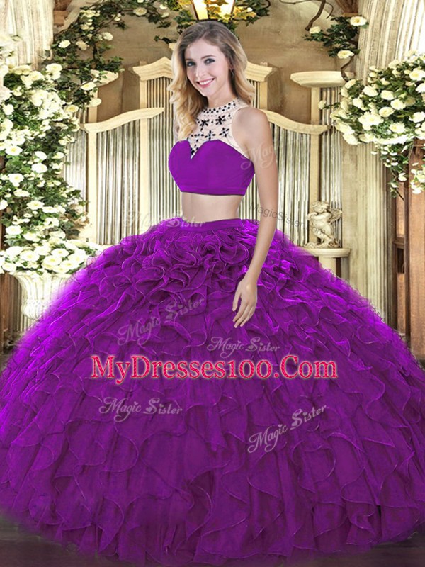 Custom Design Purple Ball Gown Prom Dress Military Ball and Sweet 16 and Quinceanera with Beading and Ruffles Halter Top Sleeveless Backless