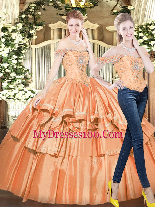 Orange Red Ball Gowns Organza Off The Shoulder Sleeveless Beading and Ruffled Layers Floor Length Lace Up Sweet 16 Quinceanera Dress