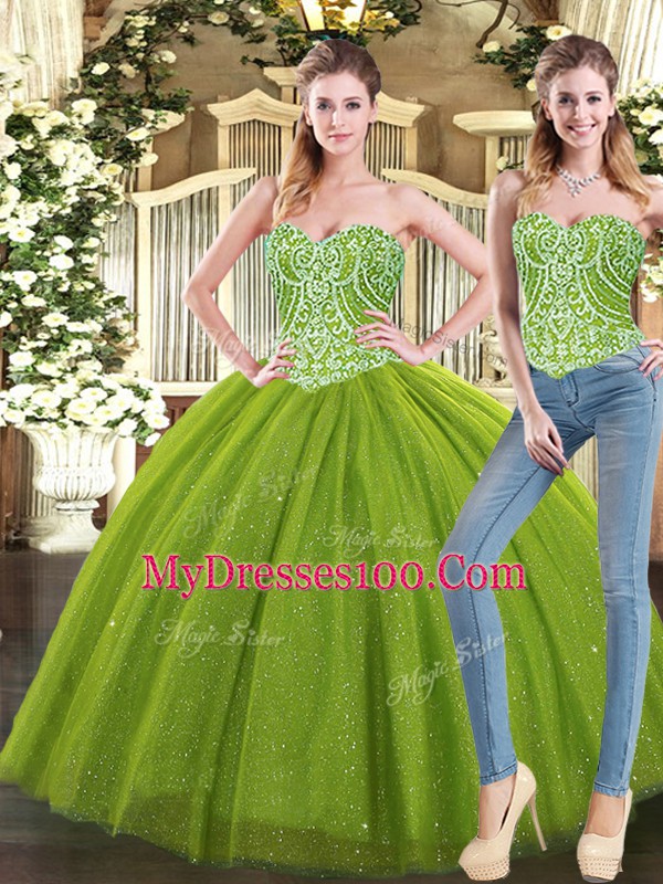 Best Sleeveless Floor Length Beading Lace Up Sweet 16 Dresses with Olive Green