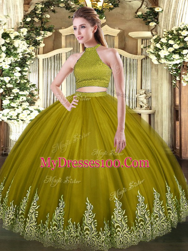 Olive Green Sleeveless Floor Length Beading and Appliques Backless Sweet 16 Dresses