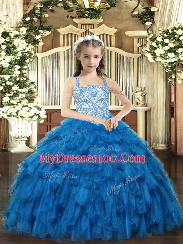 Blue Organza Lace Up Pageant Dresses Sleeveless Floor Length Beading and Ruffles