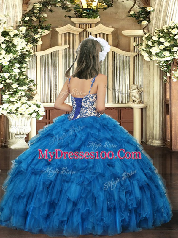 Blue Organza Lace Up Pageant Dresses Sleeveless Floor Length Beading and Ruffles