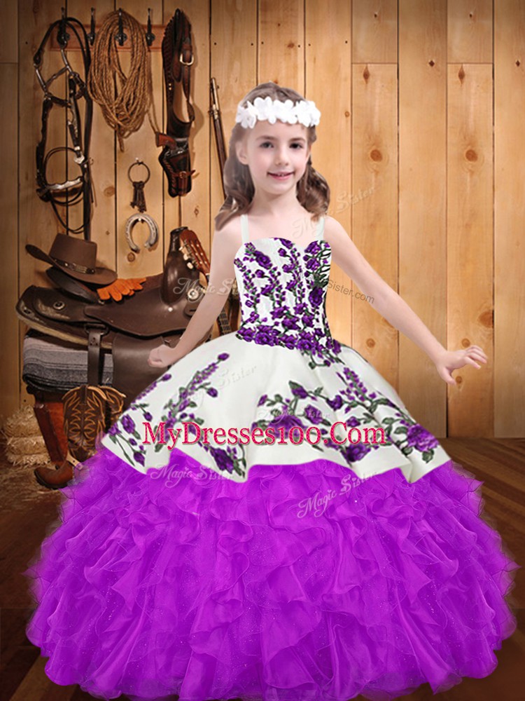 Custom Fit Purple Straps Neckline Beading and Embroidery and Ruffles Pageant Dress Sleeveless Lace Up