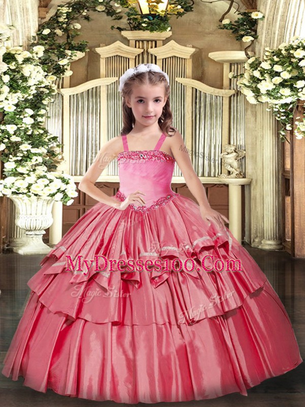 Custom Fit Coral Red Lace Up Kids Pageant Dress Appliques and Ruffled Layers Sleeveless Floor Length