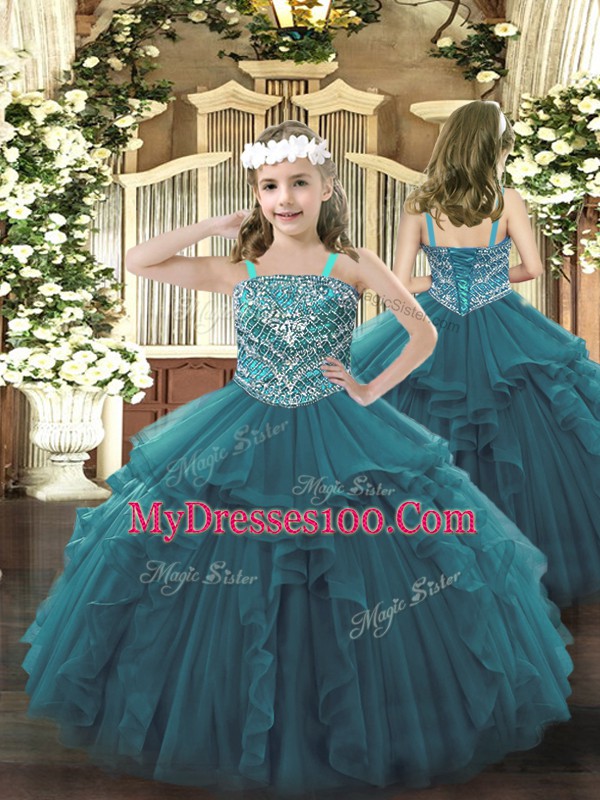 Teal Sleeveless Floor Length Beading and Ruffles Lace Up Little Girl Pageant Dress