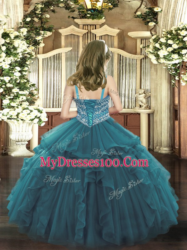 Teal Sleeveless Floor Length Beading and Ruffles Lace Up Little Girl Pageant Dress