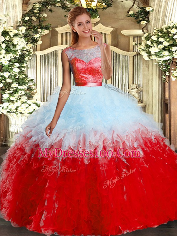 Multi-color Ball Gowns Scoop Sleeveless Organza Floor Length Backless Lace and Ruffles Quinceanera Dress