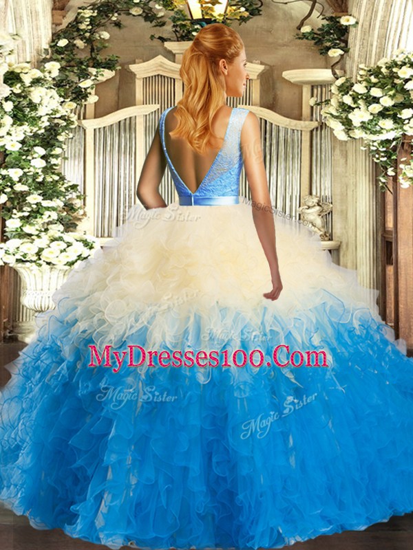 Multi-color Ball Gowns Scoop Sleeveless Organza Floor Length Backless Lace and Ruffles Quinceanera Dress