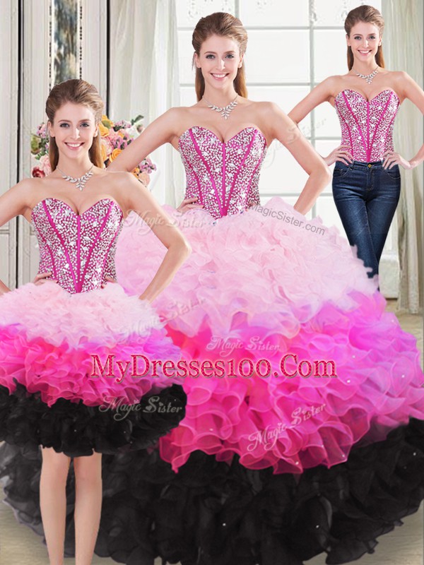 Sweetheart Sleeveless Organza Ball Gown Prom Dress Beading and Ruffles Lace Up