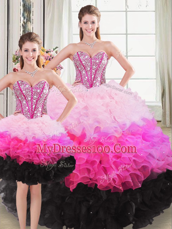Sweetheart Sleeveless Organza Ball Gown Prom Dress Beading and Ruffles Lace Up