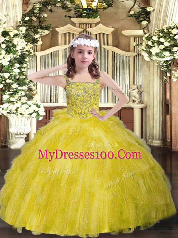 Yellow Green Ball Gowns Beading and Ruffles Little Girls Pageant Dress Lace Up Organza Sleeveless Floor Length