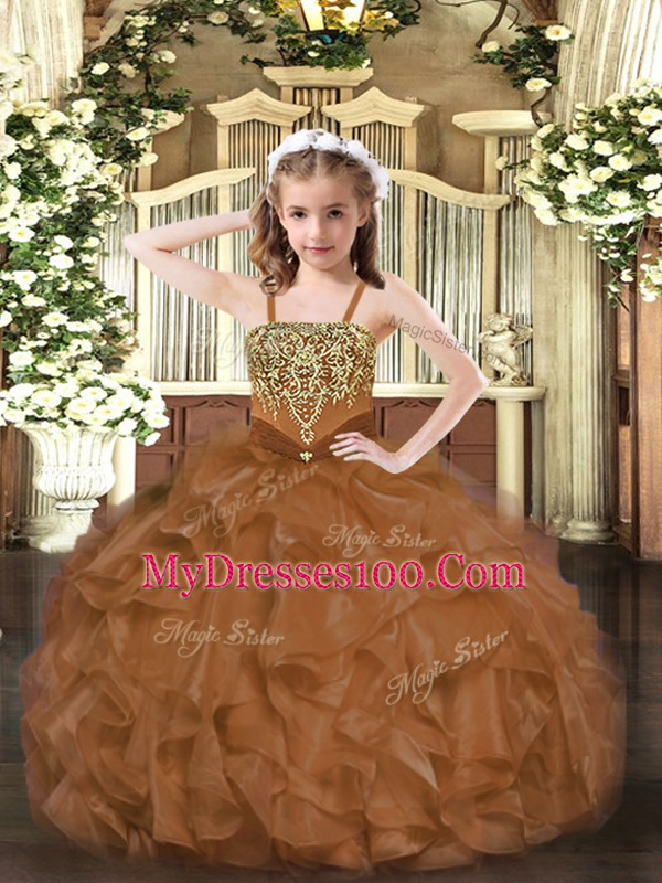 Brown Ball Gowns Straps Sleeveless Organza Floor Length Lace Up Beading and Ruffles Pageant Dress Womens