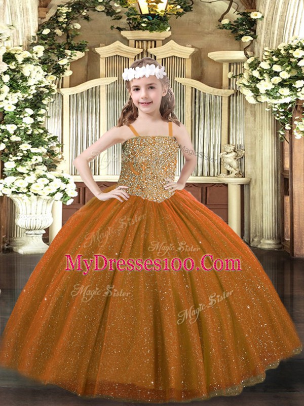 Brown Ball Gowns Beading Girls Pageant Dresses Lace Up Tulle Sleeveless Floor Length