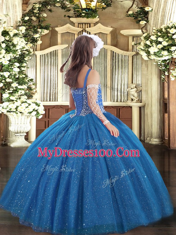 Brown Ball Gowns Beading Girls Pageant Dresses Lace Up Tulle Sleeveless Floor Length
