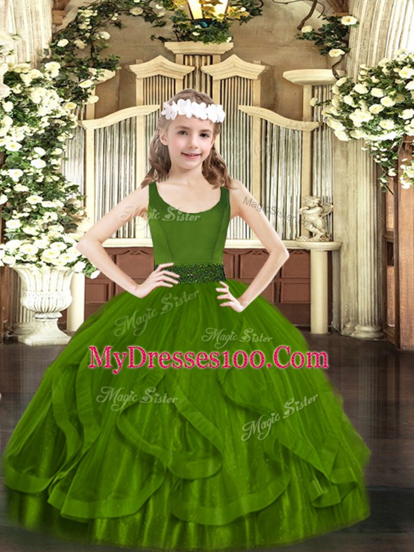 Pretty Scoop Sleeveless Pageant Dress for Teens Floor Length Beading and Ruffles Olive Green Tulle