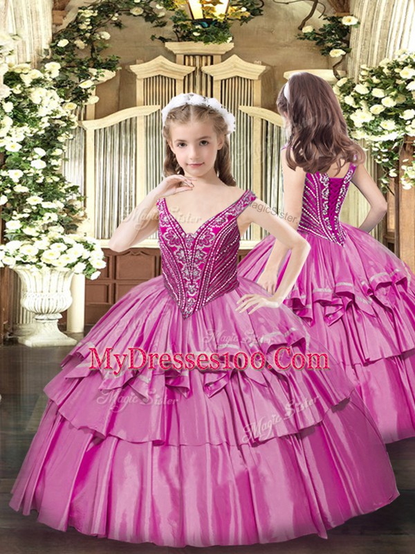 Fuchsia Lace Up V-neck Beading and Ruffled Layers Little Girls Pageant Dress Organza Sleeveless