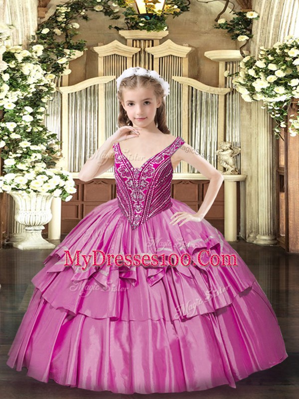 Fuchsia Lace Up V-neck Beading and Ruffled Layers Little Girls Pageant Dress Organza Sleeveless