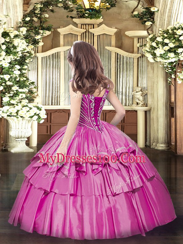 Fuchsia Lace Up V-neck Beading and Ruffled Layers Little Girls Pageant Dress Organza Sleeveless