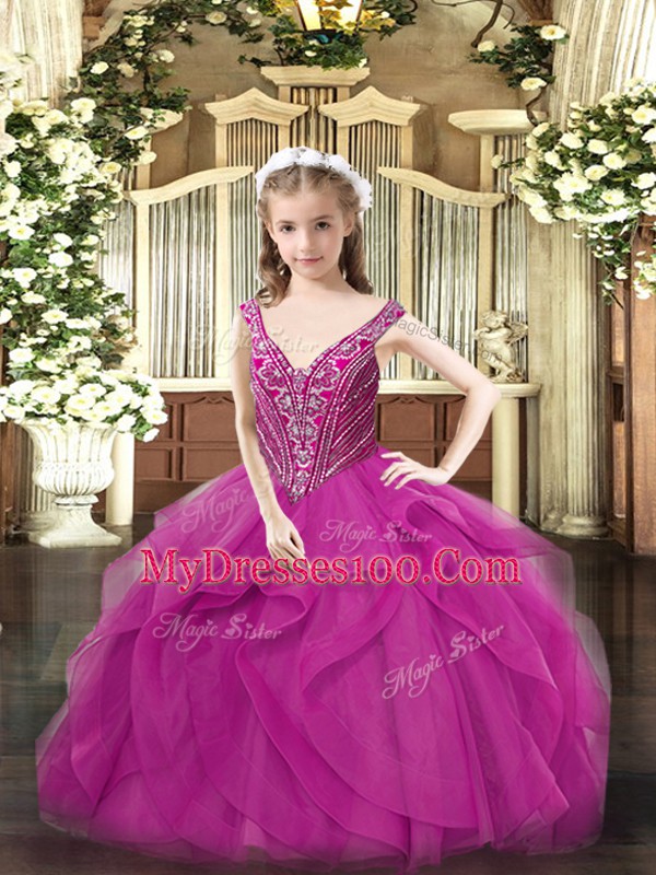 Nice Sleeveless Tulle Floor Length Lace Up Little Girls Pageant Gowns in Fuchsia with Beading and Ruffles