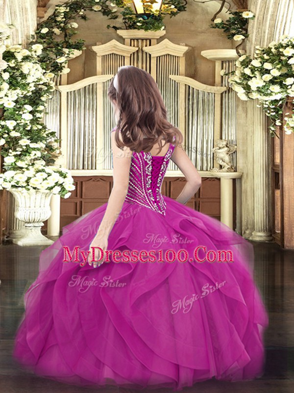 Nice Sleeveless Tulle Floor Length Lace Up Little Girls Pageant Gowns in Fuchsia with Beading and Ruffles