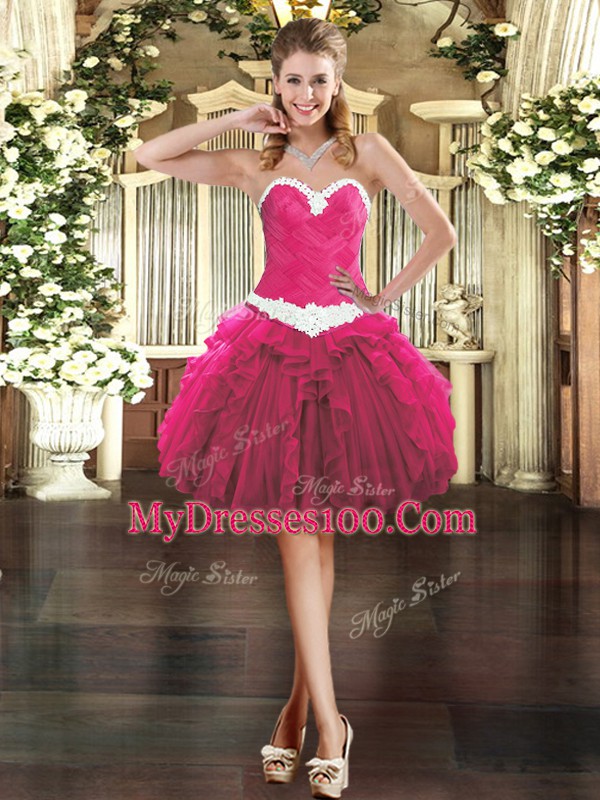 Sweet Fuchsia Sleeveless Organza Lace Up Cocktail Dresses for Prom and Party