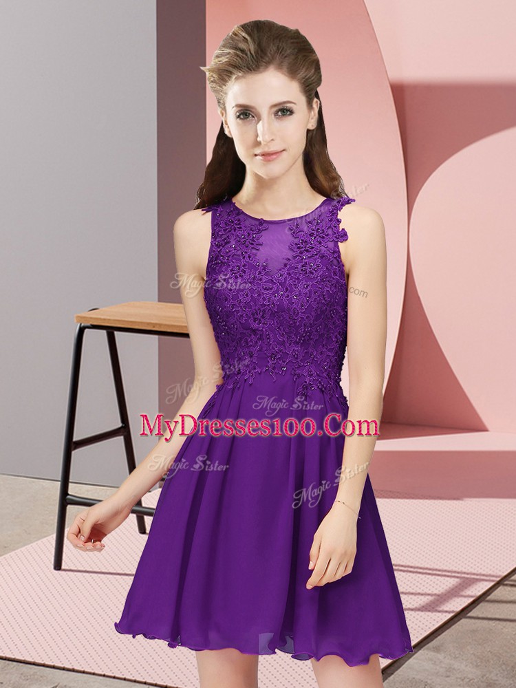 Purple Chiffon Zipper Scoop Sleeveless Mini Length Bridesmaids Dress Appliques