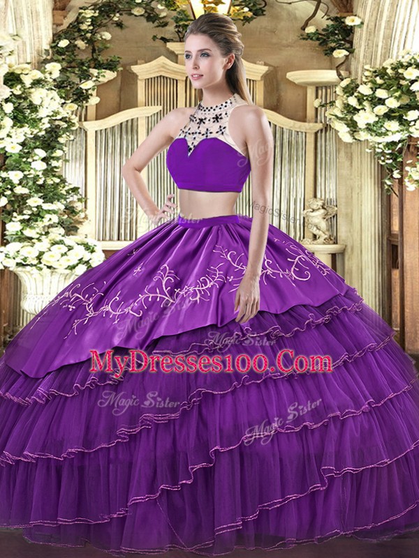 Custom Designed Purple Tulle Backless 15th Birthday Dress Sleeveless Floor Length Beading and Embroidery and Ruffled Layers