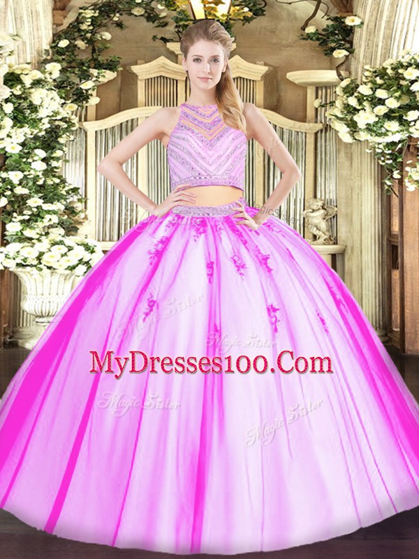 Rose Pink Sleeveless Tulle Zipper Quince Ball Gowns for Military Ball and Sweet 16 and Quinceanera