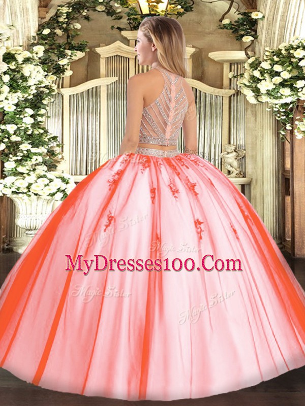 Rose Pink Sleeveless Tulle Zipper Quince Ball Gowns for Military Ball and Sweet 16 and Quinceanera